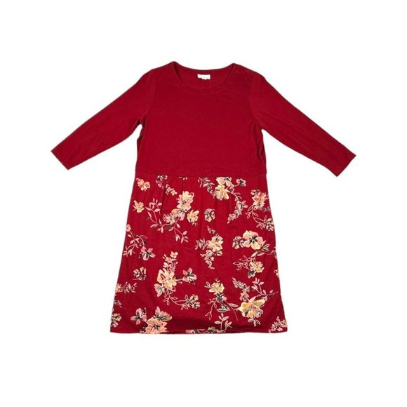 J Jill Dress Size S Petite Burgundy Red Floral 3/4 Sleeve Pockets Pullover PS - Picture 1 of 6